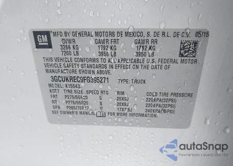 2015 Chevrolet Silverado 1500 1Lt from USA, damaged, VIN 3GCUKREC9FG395271